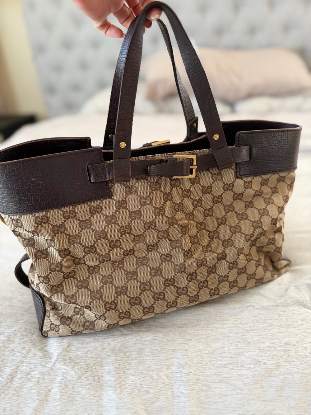 Gucci Beige GG Canvas Tote with Dark Brown Trim